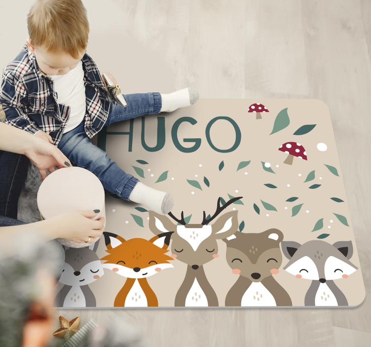 Personalized little animals vinyl rug with name - TenStickers