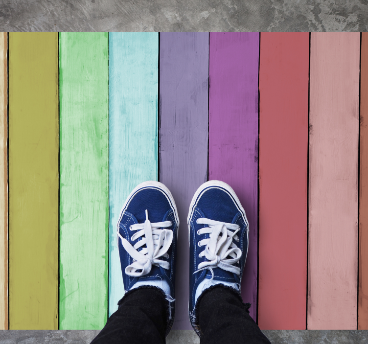 Vibrant rainbow lines wood effect vinyl rug - TenStickers