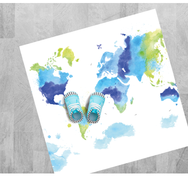 Blue and green aquarella world map vinyl rug - TenStickers