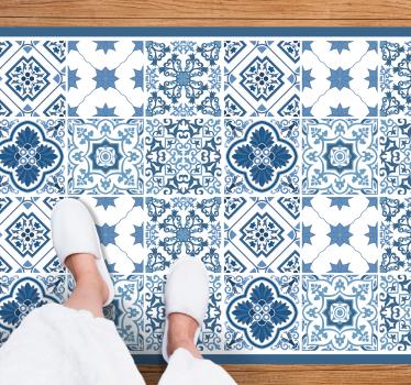 Blue and grey floral Portuguese bathroom vinyl flooring - TenStickers