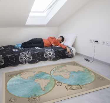 vintage world map vinyl carpetvintage frame world map vinyl rug - TenStickers