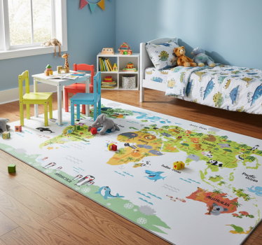 World map vinyl rug with english wildlife design - TenStickers