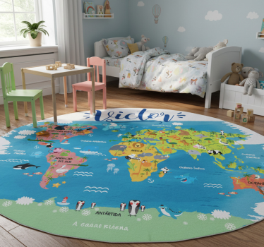 World map vinyl rug with animals in spanish - TenStickers