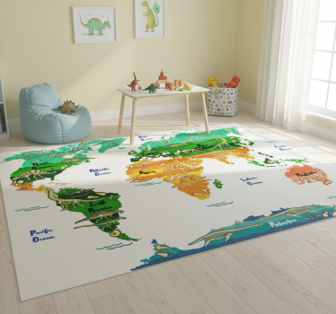 World map vinyl rug with dinosaurs and english names - TenStickers