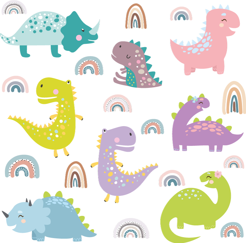 Animal vinyl rug featuring nordic dinosaurs and rainbows - TenStickers