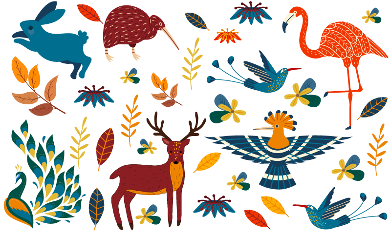 Floral vinyl rug with tengango style animals and plants - TenStickers