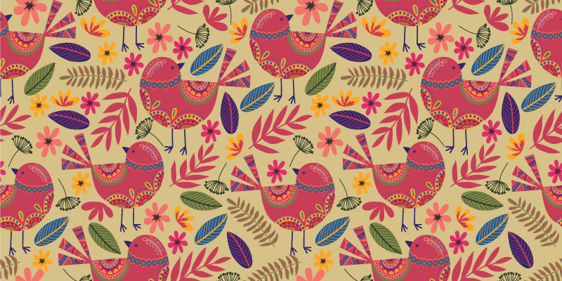 Floral vinyl rug with colorful birds folk art pattern - TenStickers