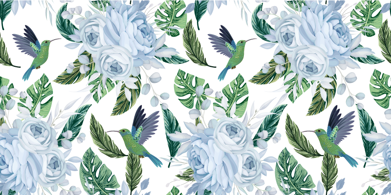 Flower vinyl rug with blue garden flowers and birds - TenStickers