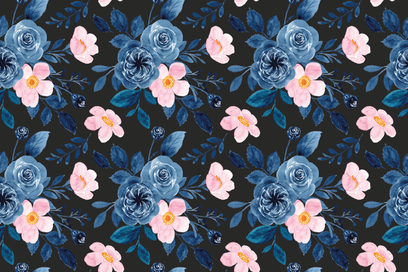 Floral vinyl rug with blue and pink design on black - TenStickers