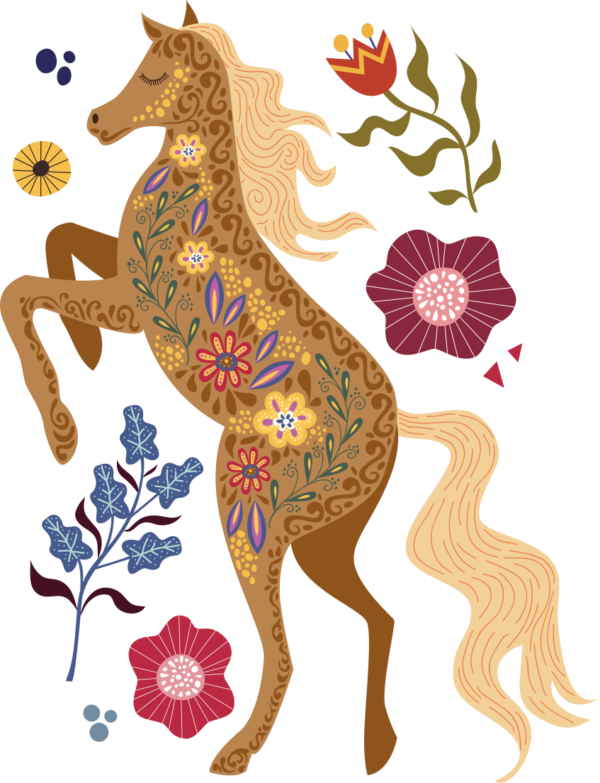 Floral vinyl rug with wild horse folklore design - TenStickers