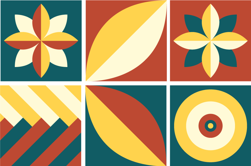 Geometric vinyl rug in green and orange tile pattern - TenStickers