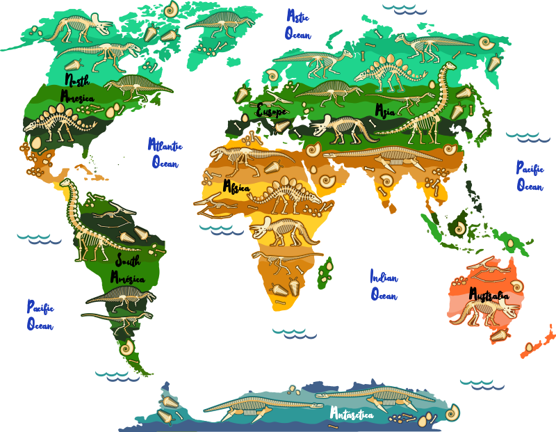World map vinyl rug with dinosaurs and english names - TenStickers