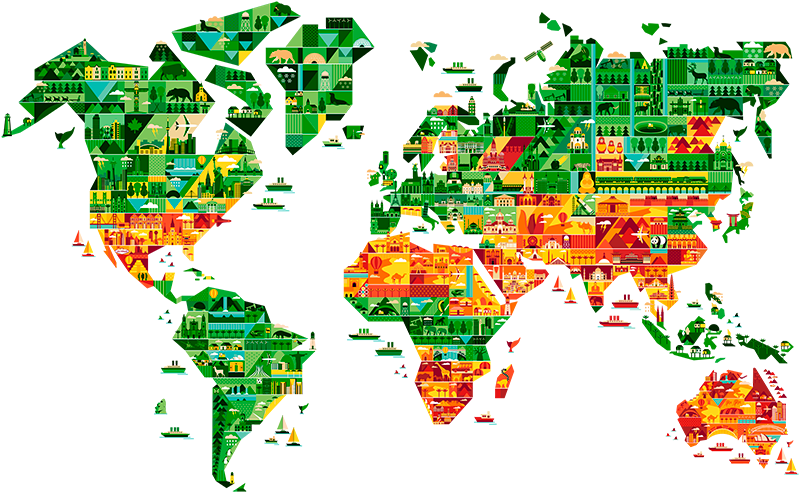 World map vinyl rug with monument patterns - TenStickers