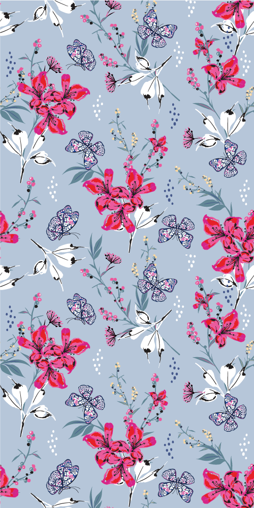 Nature vinyl rug with abstract red flowers and butterflies - TenStickers