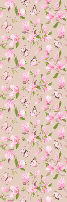 Nature vinyl rug with pink magnolia and butterfly design - TenStickers