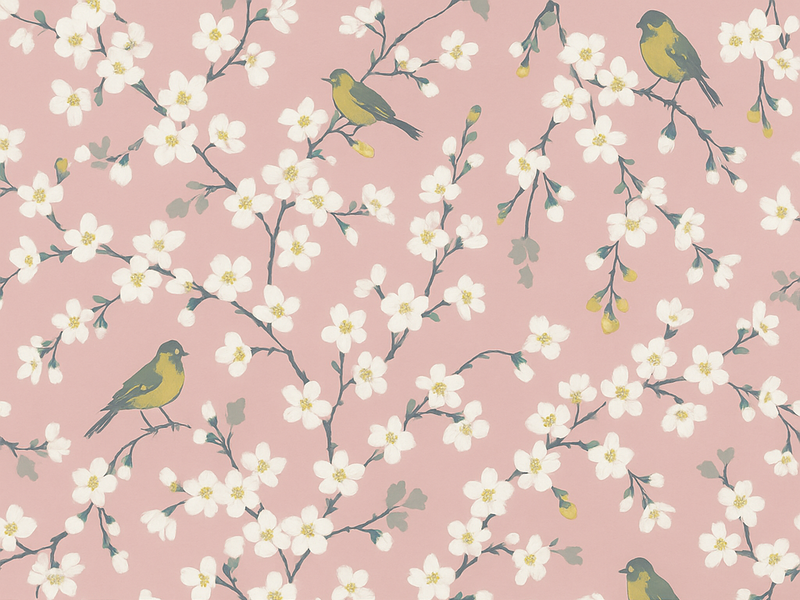 Nature vinyl rug pink orchard birds - TenStickers