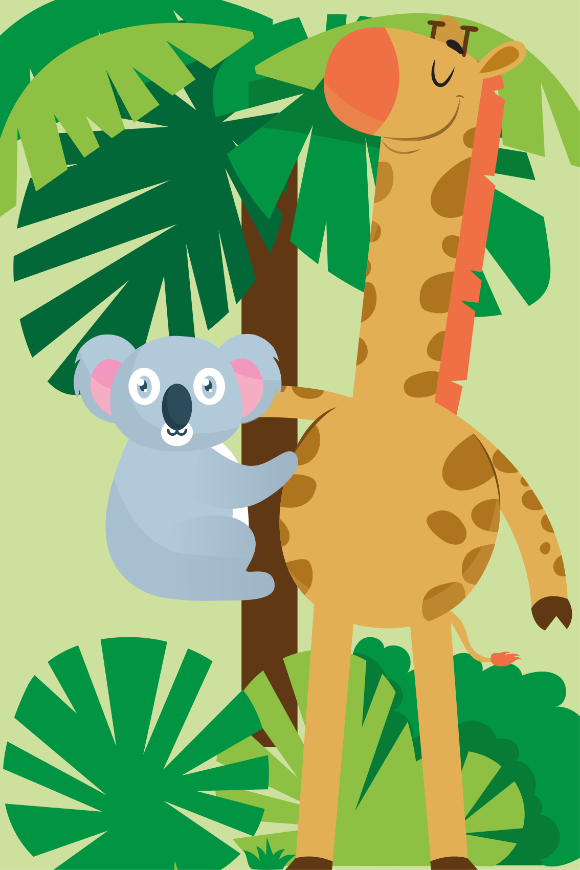 Kids vinyl rug with koalas hugging a giraffe - TenStickers