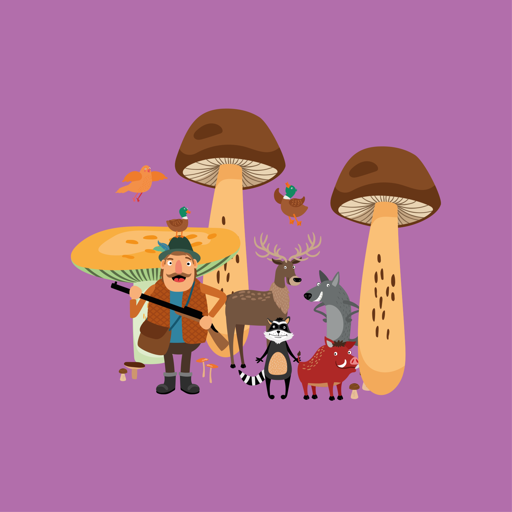 Kids vinyl rug birds in a mushroom forest - TenStickers