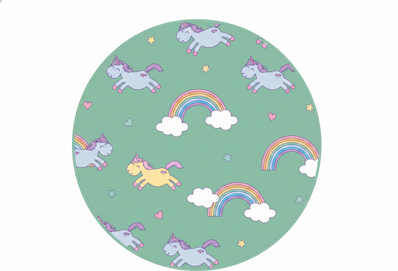 Kids vinyl rug teal background with unicorns and rainbows - TenStickers