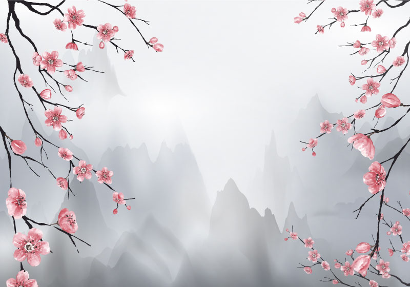 Grey vinyl rug with cherry blossoms and mountains - TenStickers