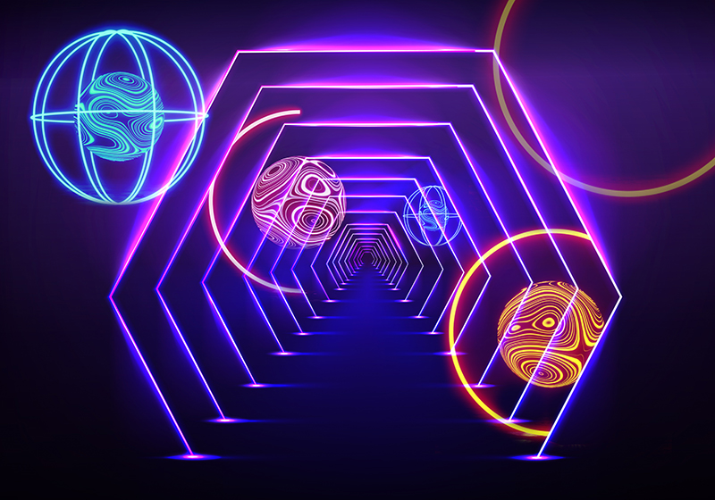 Purple vinyl rug neon hexagonal tunnel perspective - TenStickers