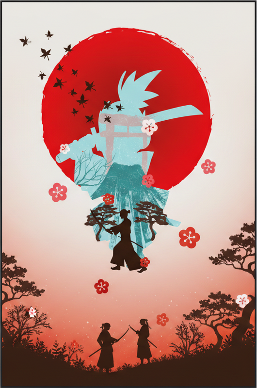 Red vinyl rug with anime fighter sunset design - TenStickers