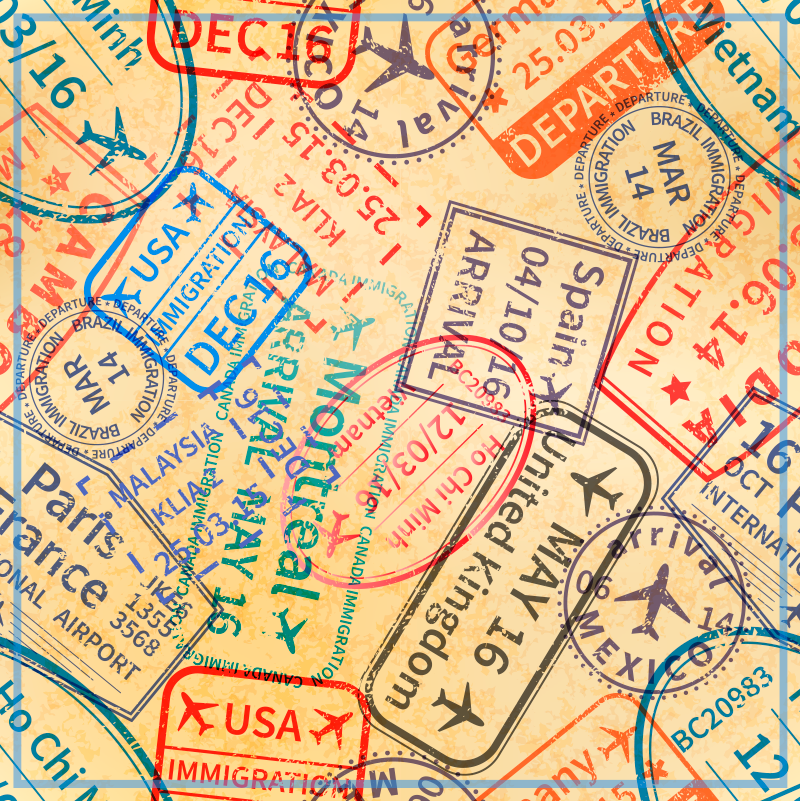 Travel Passport Stamps world map vinyl rug - TenStickers