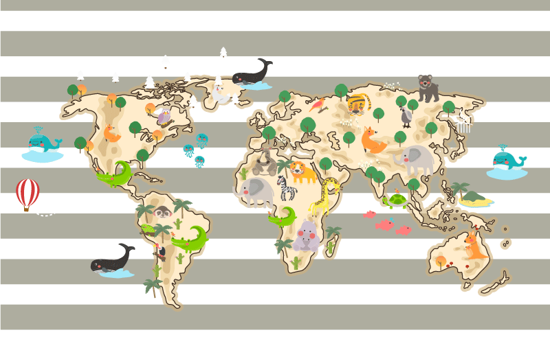 Colorful Animal Illustration world map vinyl rug - TenStickers