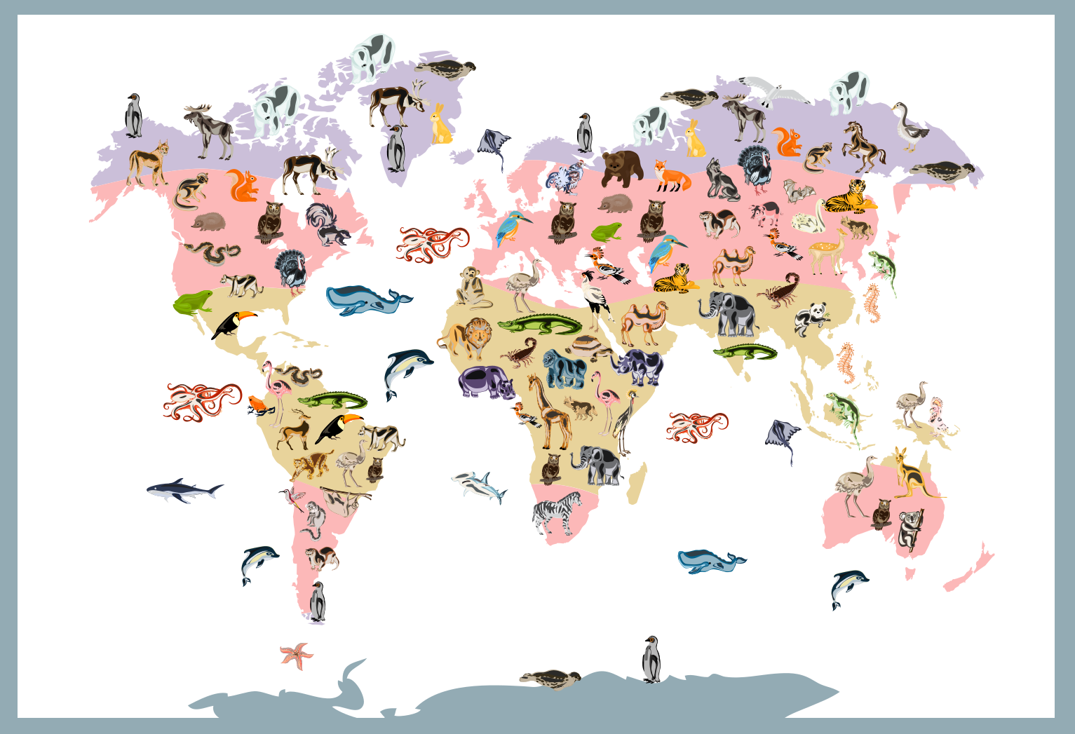 Cute colorful animals and plants world map rug - TenStickers