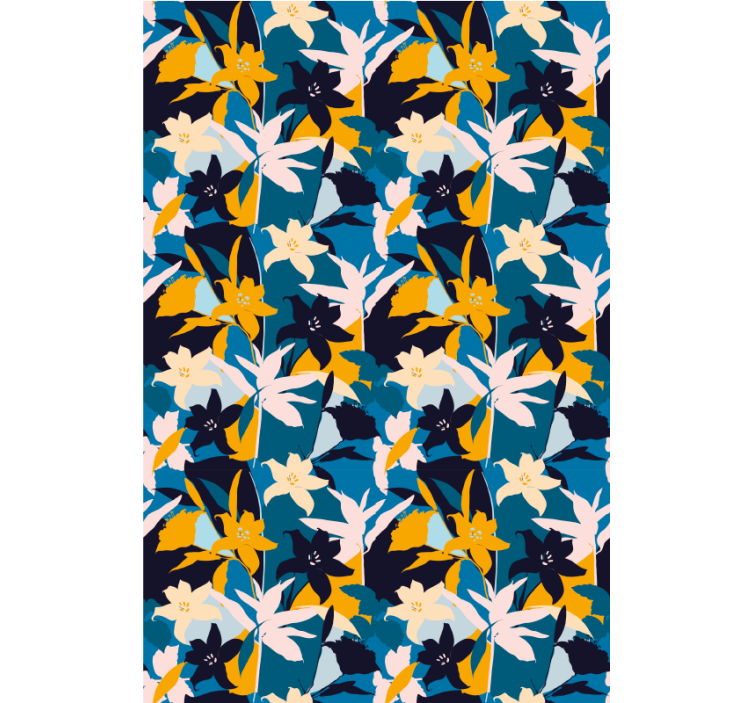 Floral ornament wallpaper with white lilies on blue - TenStickers