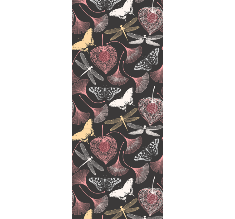 Pink leaves black butterfly pattern wallpaper - TenStickers