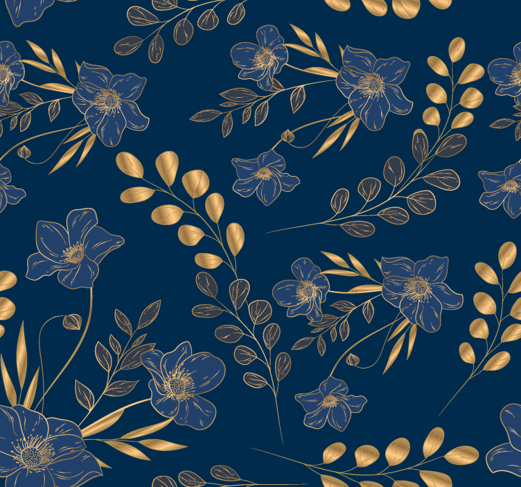 Golden flowers pattern navy blue wallpaper - TenStickers