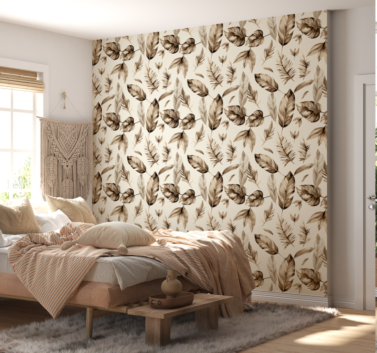 Beige leaves pattern leaf wallpaper - TenStickers