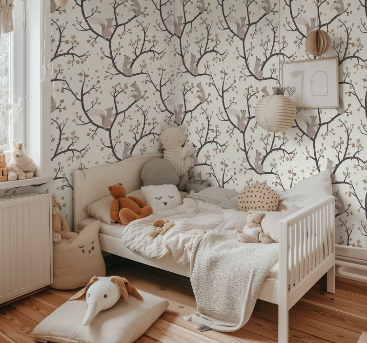 Beige squirrels pattern nursery wallpaper - TenStickers