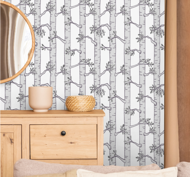 Birch grey and white motif tree wallpaper - TenStickers