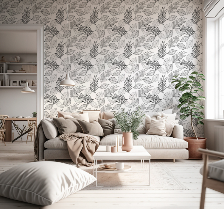Black and white leaves drawing leaf wallpaper - TenStickers