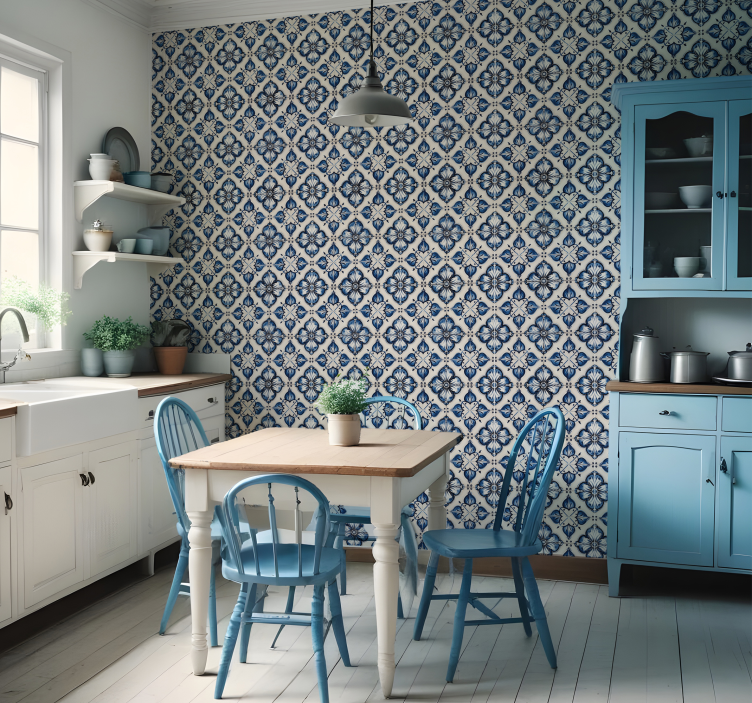 Blue floral pattern tile effect wallpaper - TenStickers