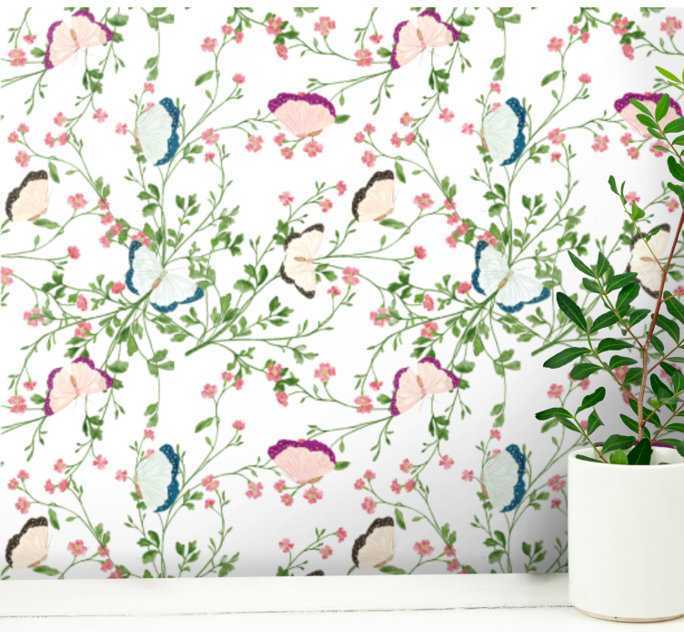 Botanical Butterfly floral ornament wallpaper - TenStickers