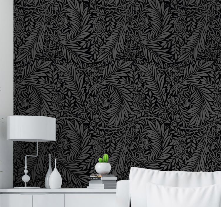 Black botanical leaves living room wallpaper - TenStickers