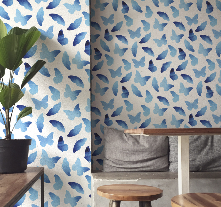 Butterfly wallpaper in blue and white motif - TenStickers