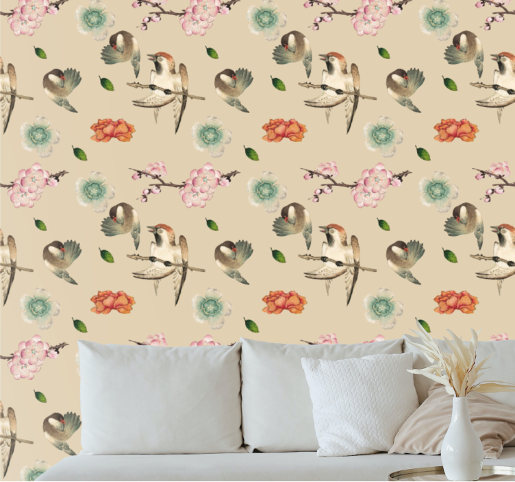Charming Bird Blooms flower wallpaper - TenStickers