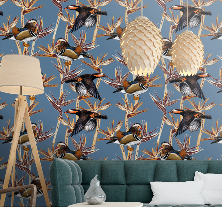 Colorful motif with branches birds wallpaper - TenStickers