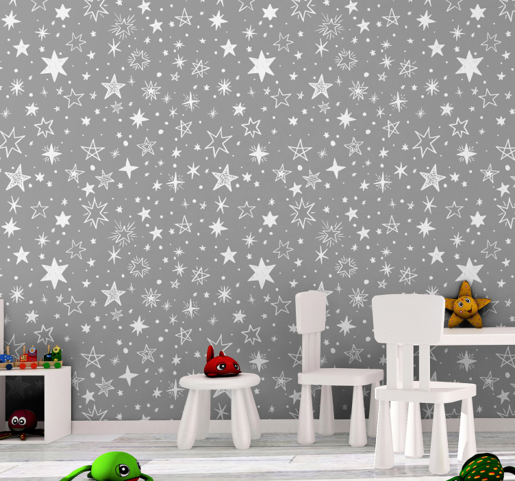 Hand drawn stars on gray background wallpaper - TenStickers