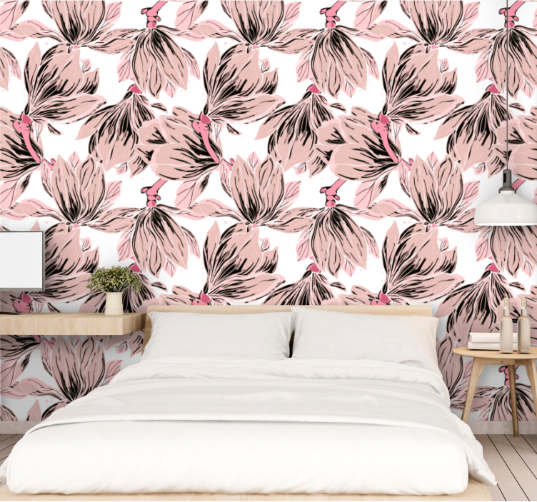 Elegant Pink Blooms floral ornament wallpaper - TenStickers