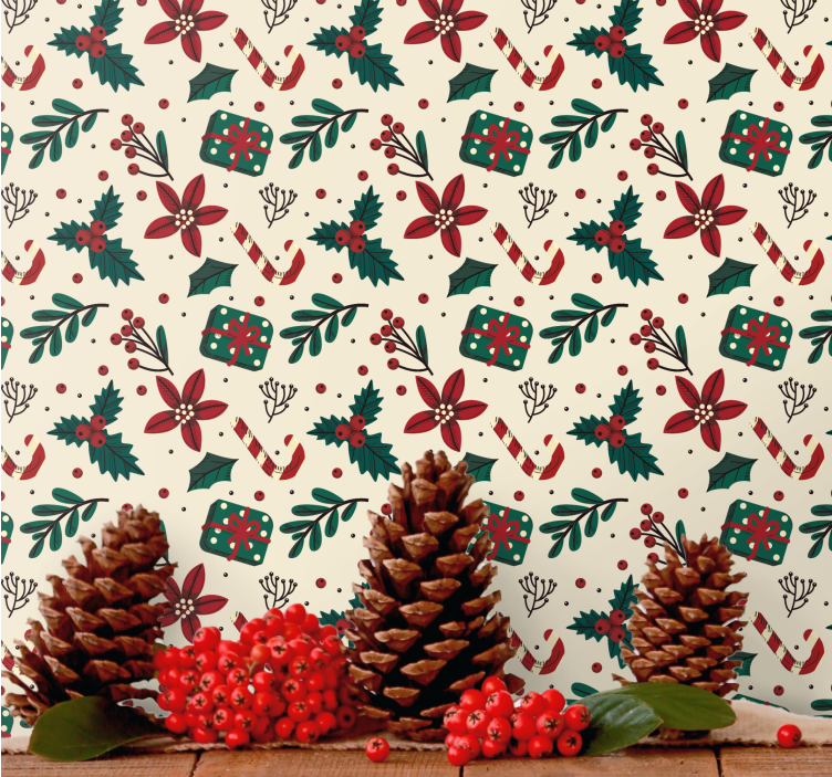Festive Botanical Pattern christmas wallpaper - TenStickers
