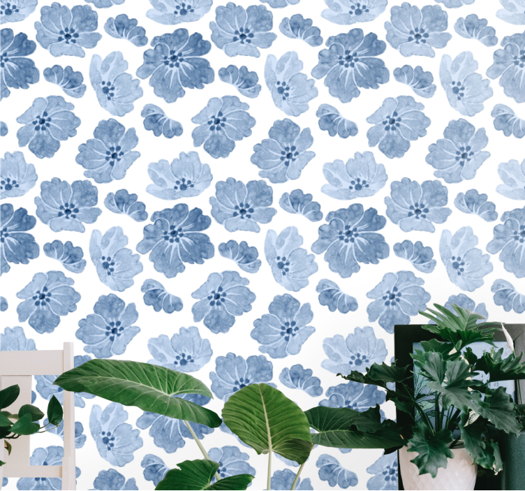 Blue and white floral pattern flower wallpaper - TenStickers