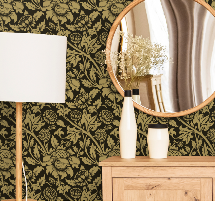 Golden greenery theme floral ornament wallpaper - TenStickers