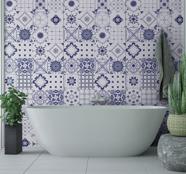 Intricate blue and white motif tile effect wallpaper - TenStickers