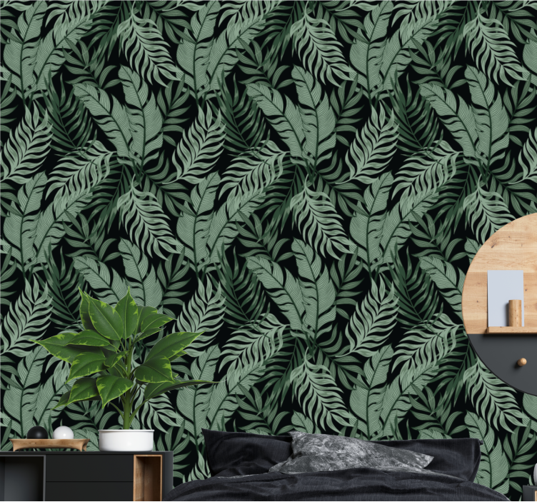 Leafy tropical black background jungle wallpaper - TenStickers
