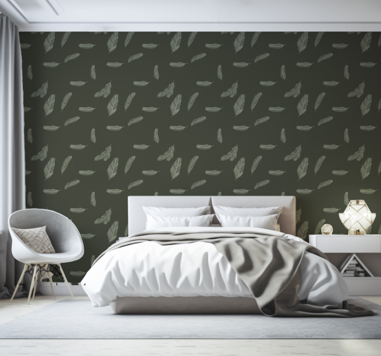 Minimalist green feathers master bedroom wallpaper - TenStickers